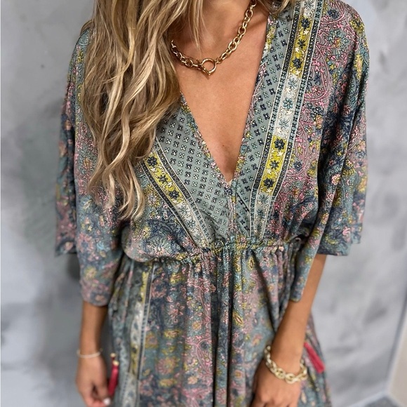 Boho Floral Maxi Dress in Dusty Blue & Pink - Picture 4 of 6